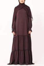 Load image into Gallery viewer, Modest Tiered Maxi Dress in Deep Plum – Elegant Long Sleeve Abaya Style