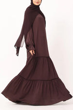 Load image into Gallery viewer, Modest Tiered Maxi Dress in Deep Plum – Elegant Long Sleeve Abaya Style