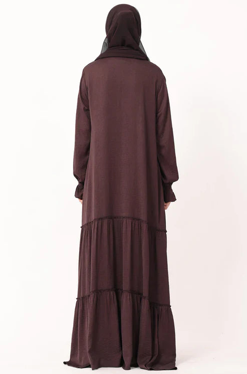 Modest Tiered Maxi Dress in Deep Plum – Elegant Long Sleeve Abaya Style