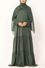 Load image into Gallery viewer, Olive Green Tiered Abaya Dress – Modest Ruffle Maxi Dress with Sleeves abaya