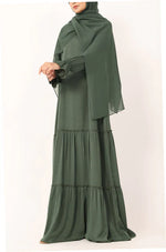 Load image into Gallery viewer, Olive Green Tiered Abaya Dress – Modest Ruffle Maxi Dress with Sleeves abaya