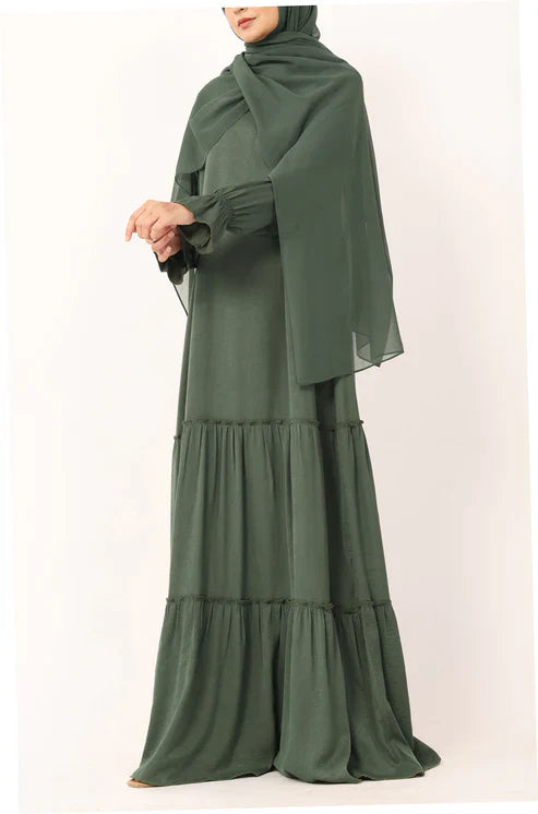 Olive Green Tiered Abaya Dress – Modest Ruffle Maxi Dress with Sleeves abaya