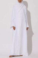 Load image into Gallery viewer, Elegant White Modest Maxi Dress with Detachable Overlay – Long Sleeve Abaya Style