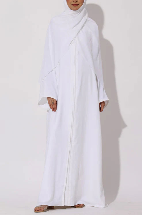 Elegant White Modest Maxi Dress with Detachable Overlay – Long Sleeve Abaya Style
