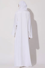 Load image into Gallery viewer, Elegant White Modest Maxi Dress with Detachable Overlay – Long Sleeve Abaya Style