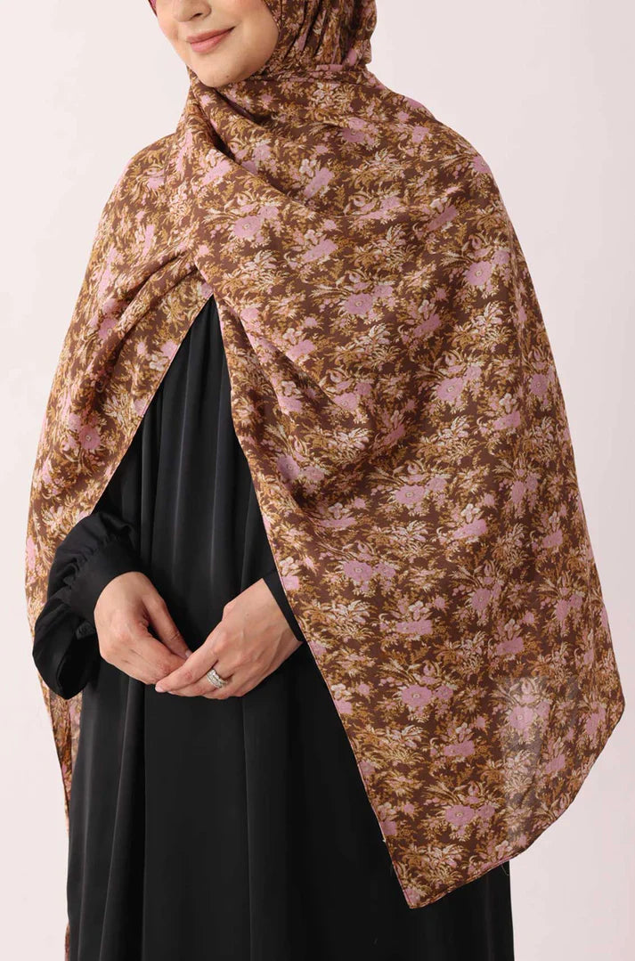 Brown Pink Flora Print Modal Hijab In